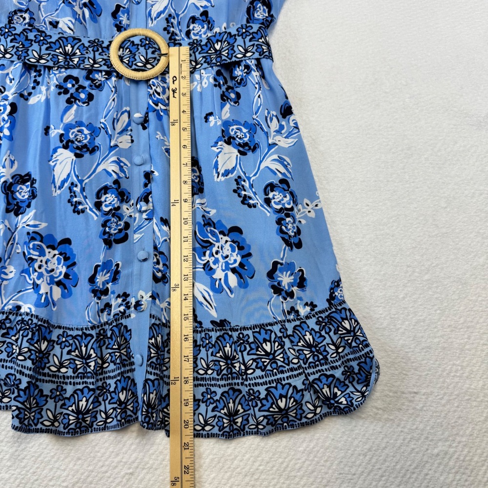 STS Blue Floral Midi Dress Button Front Flutter Sleeve Wood Buckle Belt XL - Picture 9 of 10